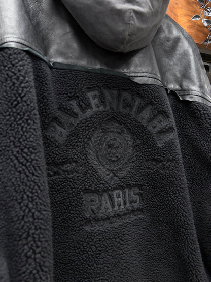 2021 Balenciaga ‘Collegiate’ Shearling/Raw Hem Lambskin Leather Hooded Jacket