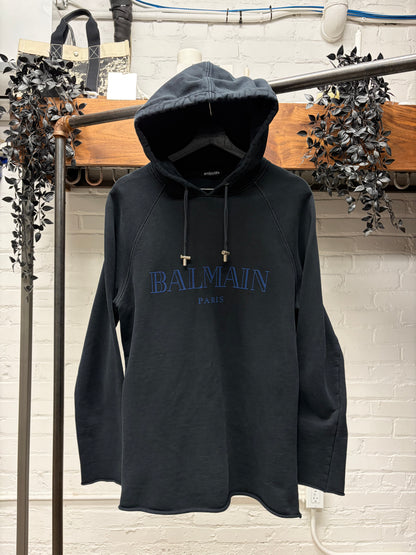 Balmain Black/Blue Logo Black Cotton Pullover Hoodie