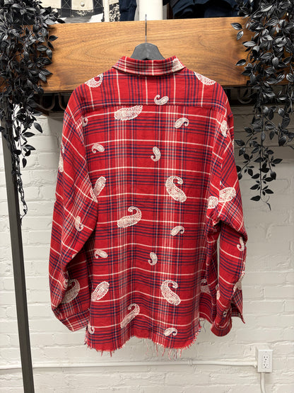 424 ‘Raw Hem’ Paisley/Plaid Red Button Up Flannel Shirt