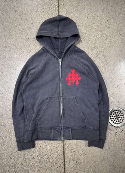 Chrome Hearts ‘Paper Jam’ Leather Cross Patch Sun-Faded Zip Up Hoodie