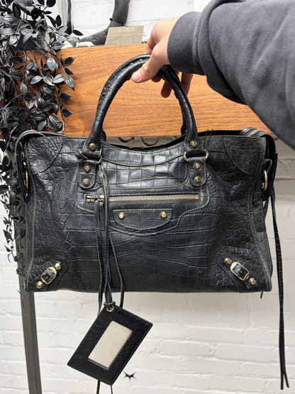 Balenciaga Embossed Croc Leather ‘City’ Classic Black Bag