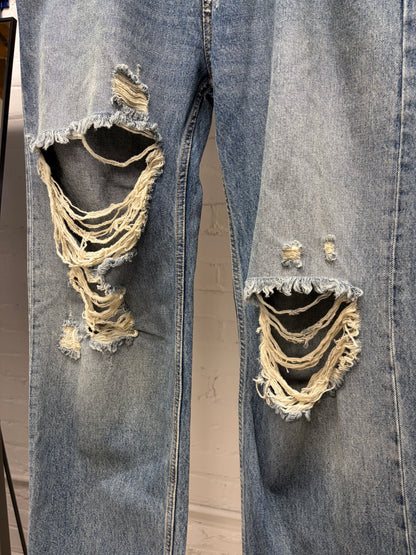 2023 Balenciaga ‘Heavily Distressed’ Washed Blue Bootcut Baggy Denim
