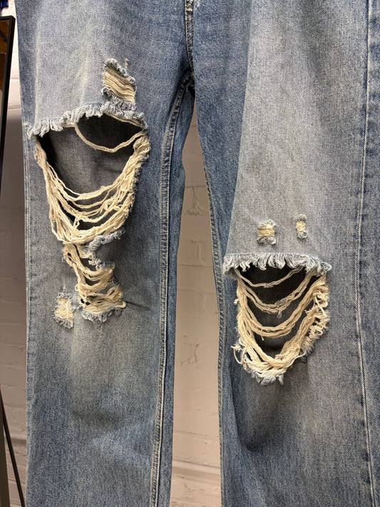 2023 Balenciaga ‘Heavily Distressed’ Washed Blue Bootcut Baggy Denim