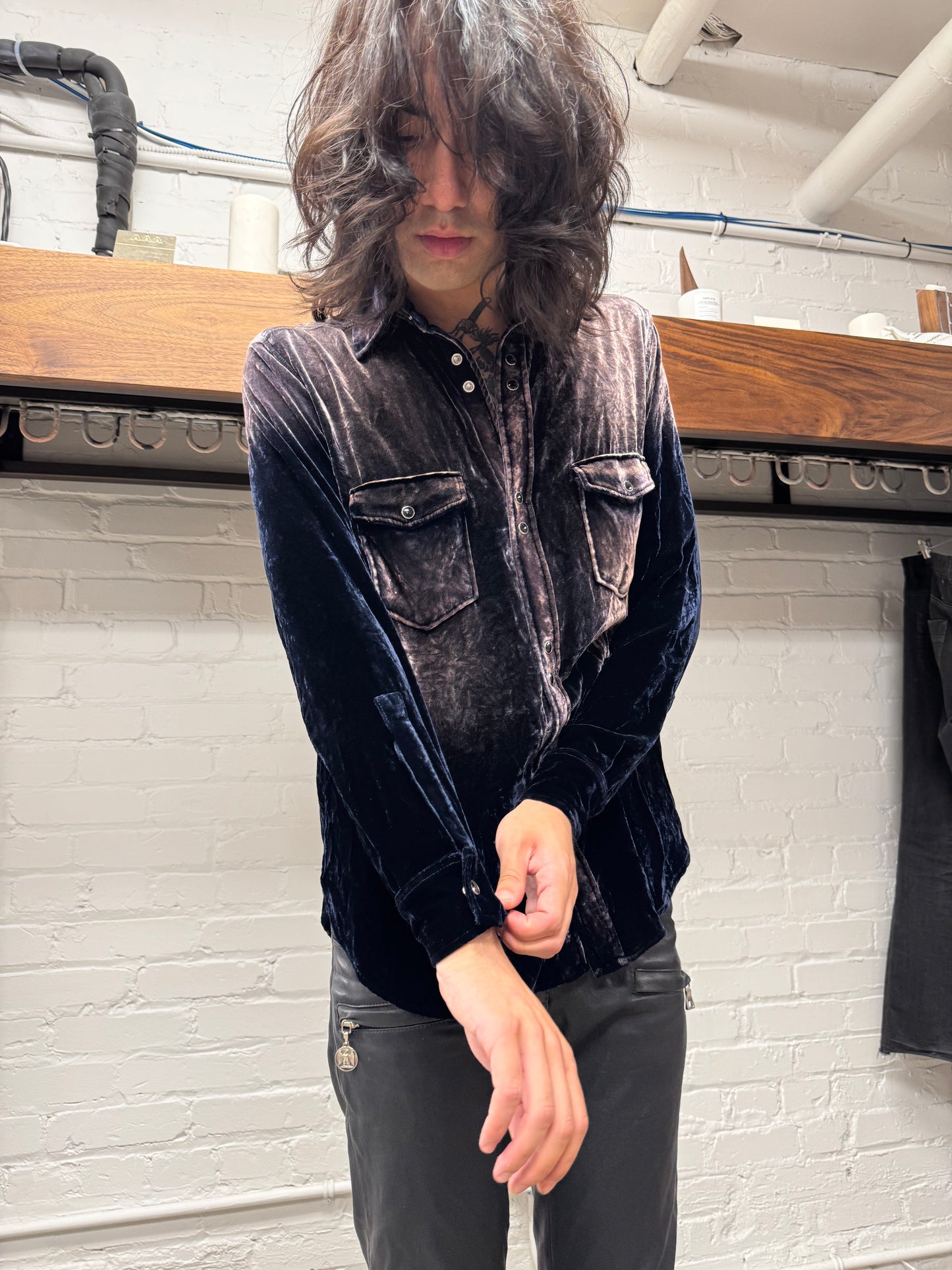 SS2020 Saint Laurent Silk/Velour ‘Gradient Fade’ Button Snap Shirt
