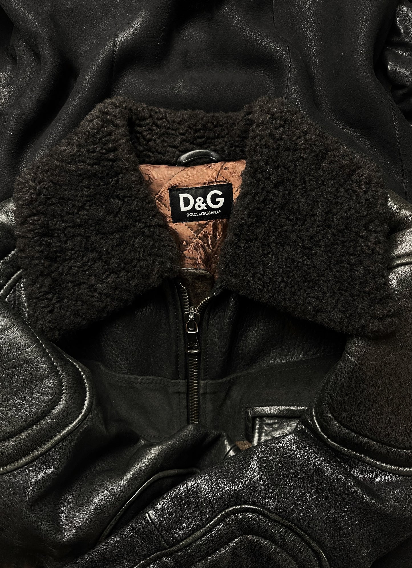 2000’s Dolce & Gabbana Shearling Lined ‘Brown Suede Detailed’ Collared Leather Moto Jacket