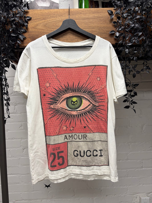 2018 Gucci ‘Amour’ Eye Graphic Red/Cream Distressed Cotton T-Shirt