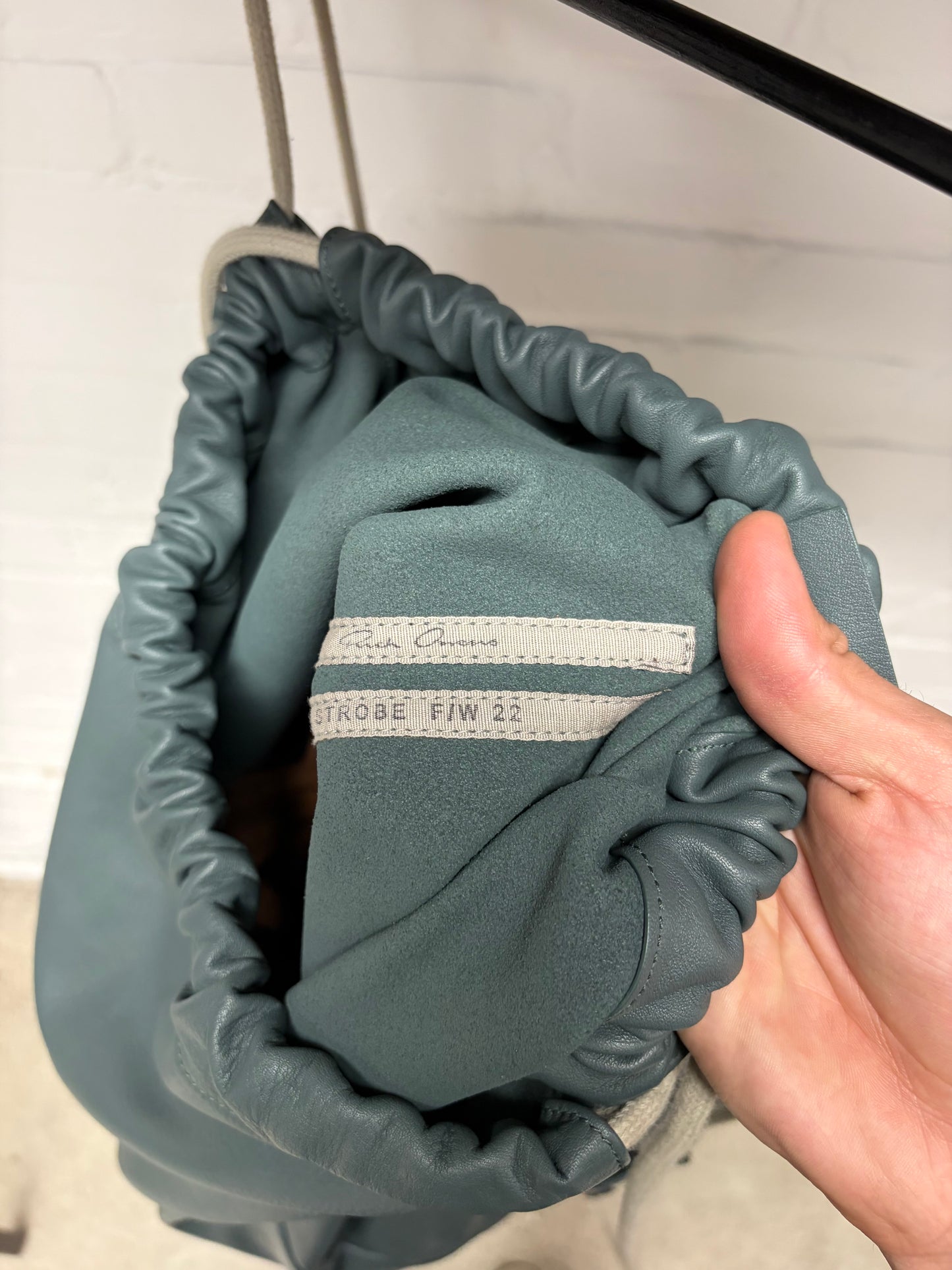 AW2022 Rick Owens ‘Strobe’ Teal/Pearl Leather Drawstring Backpack