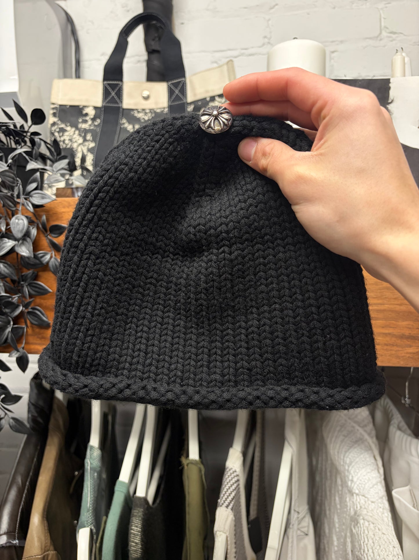 Chrome Hearts Cashmere Black Leather Cross Patch Beanie