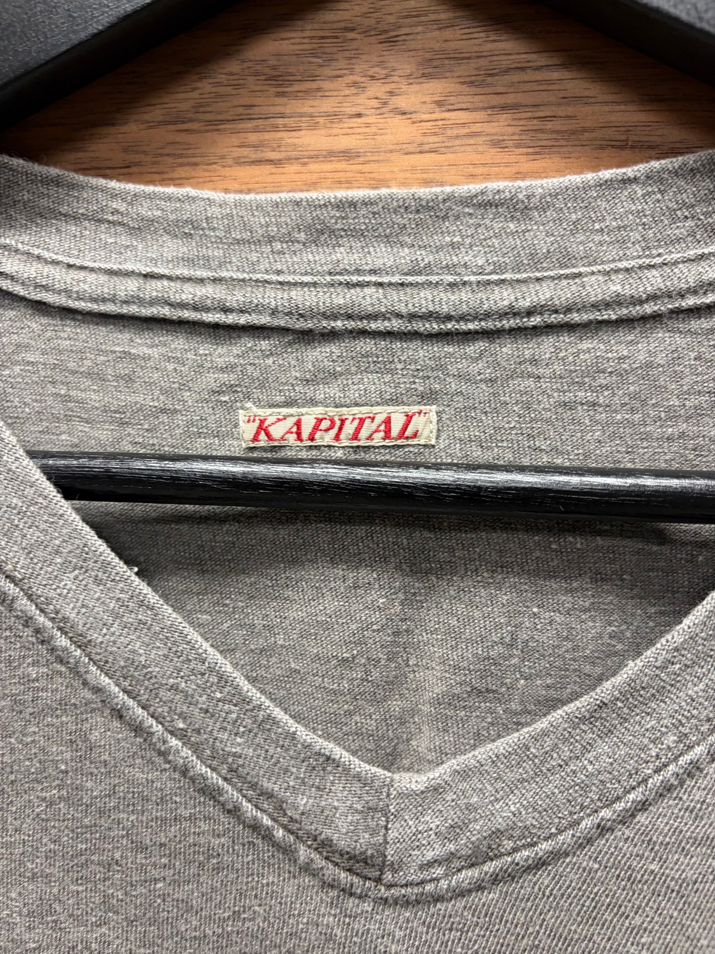 Kapital Stone Washed Grey Cotton V-Neck Shirt with Sashiko Repairs