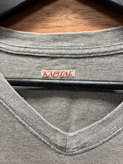 Kapital Stone Washed Grey Cotton V-Neck Shirt with Sashiko Repairs