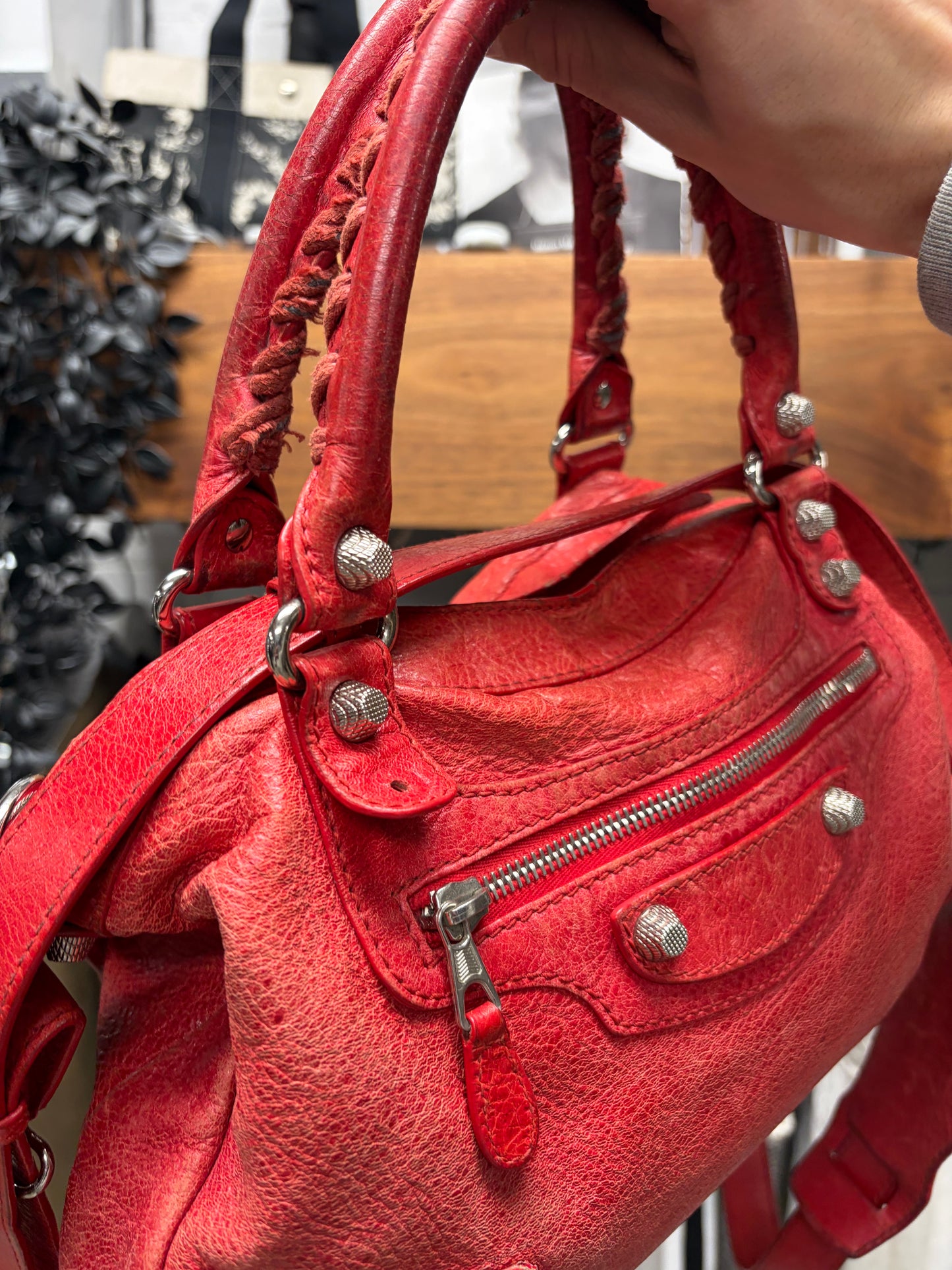 Balenciaga ‘Town’ Red Leather Bag with Silver Toned Hardware and Crossbody Strap