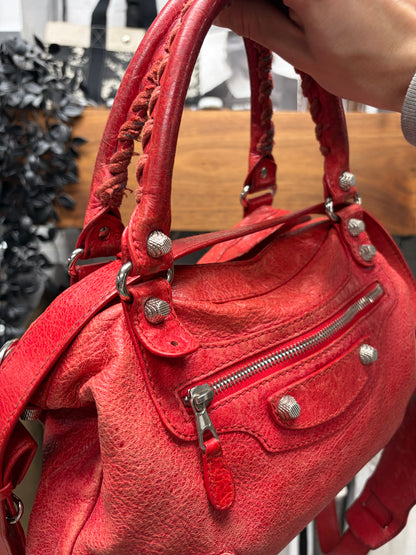 Balenciaga ‘Town’ Red Leather Bag with Silver Toned Hardware and Crossbody Strap