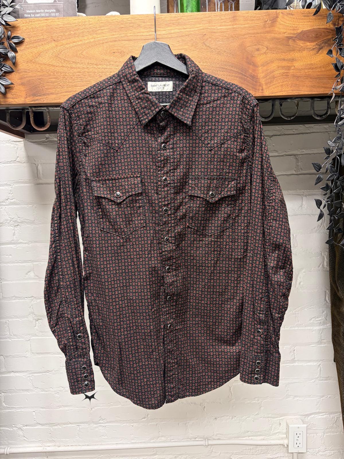 2019 Saint Laurent Black/Red Patterned Button Snap Western Shirt