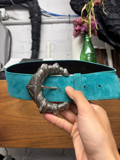 2000s Yves Saint Laurent Rive Gauche ‘Conch Buckle’ Turquoise Blue Leather Belt