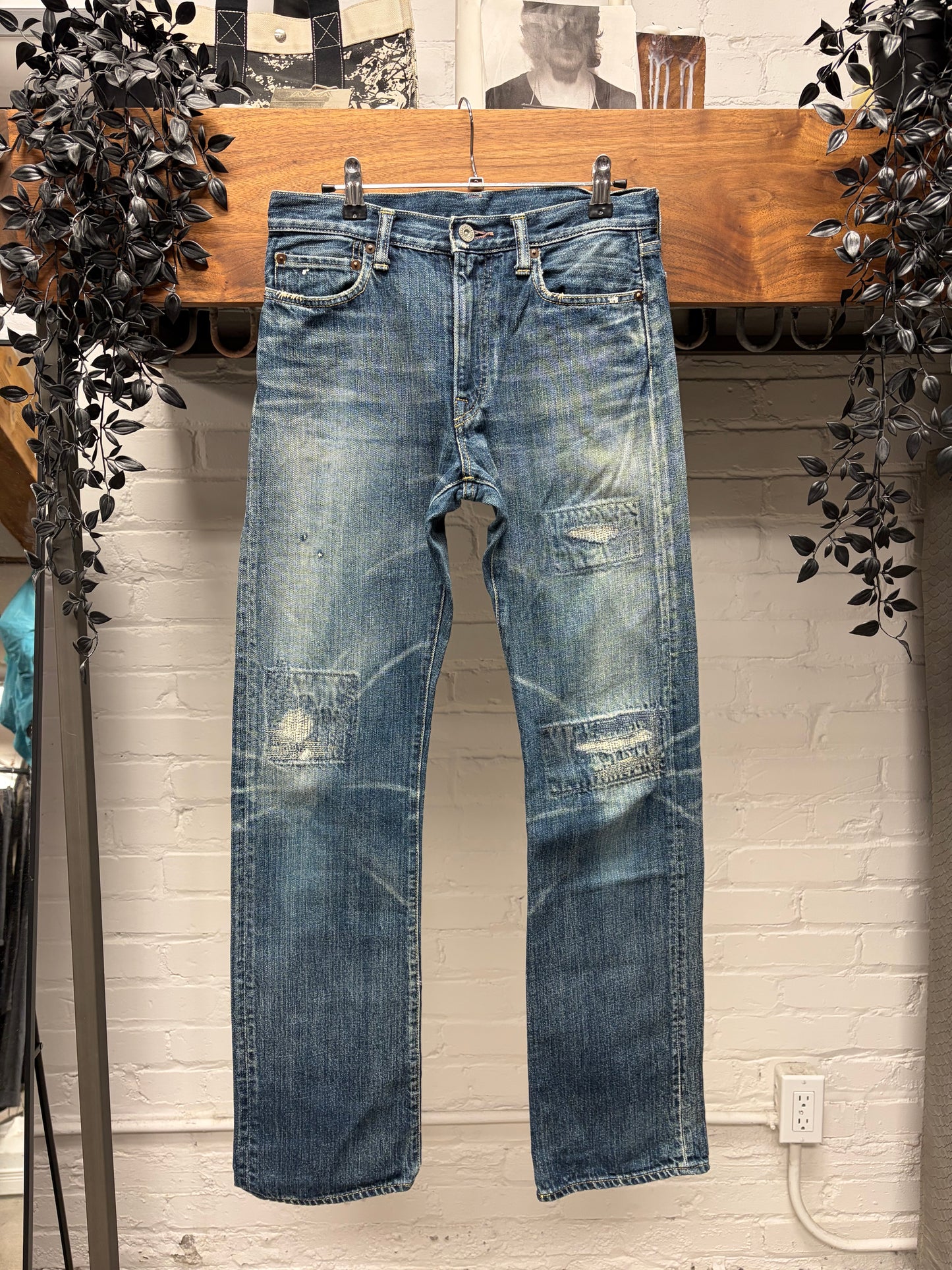 Kapital ‘Sashiko Repaired’ Low Rise Dark Wash Blue Flared Denim