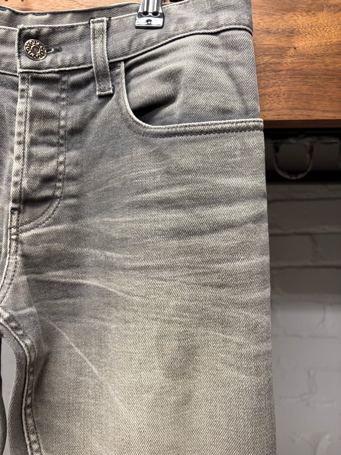 2010s Gucci Faded Grey Skinny Jeans with Leather Back Tab