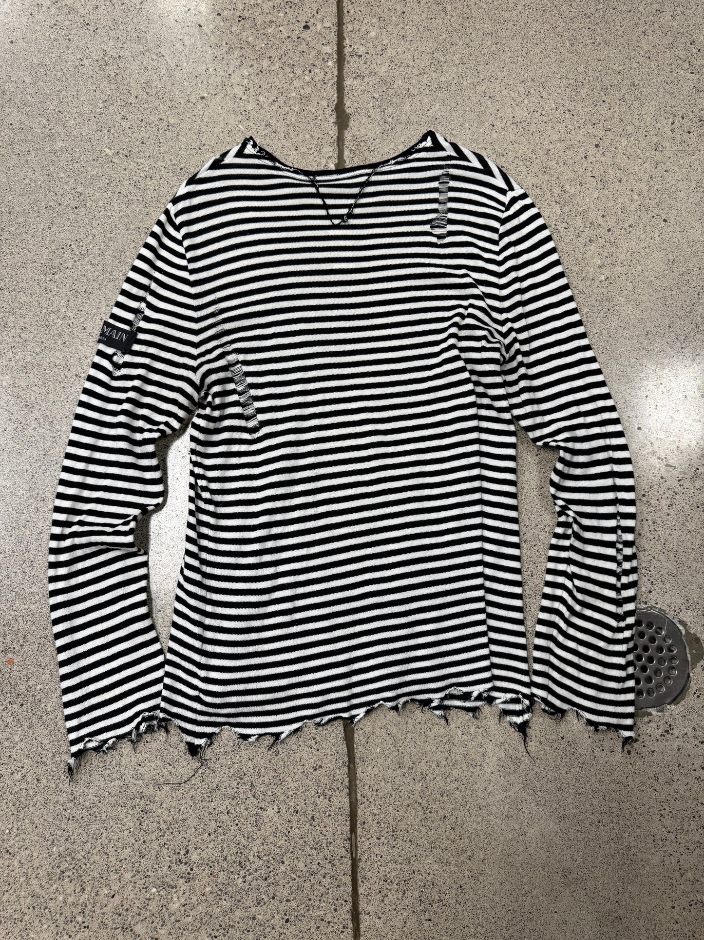 Balmain ‘Thrash Distressed’ Black/White Striped ‘Raw Hem’ Long Sleeve