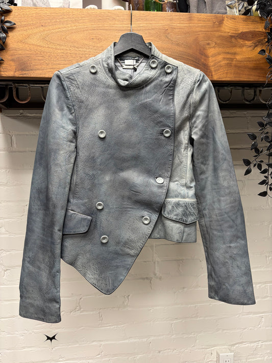 Alexander McQueen Asymmetric Rustic Blue Leather Napoleon Jacket