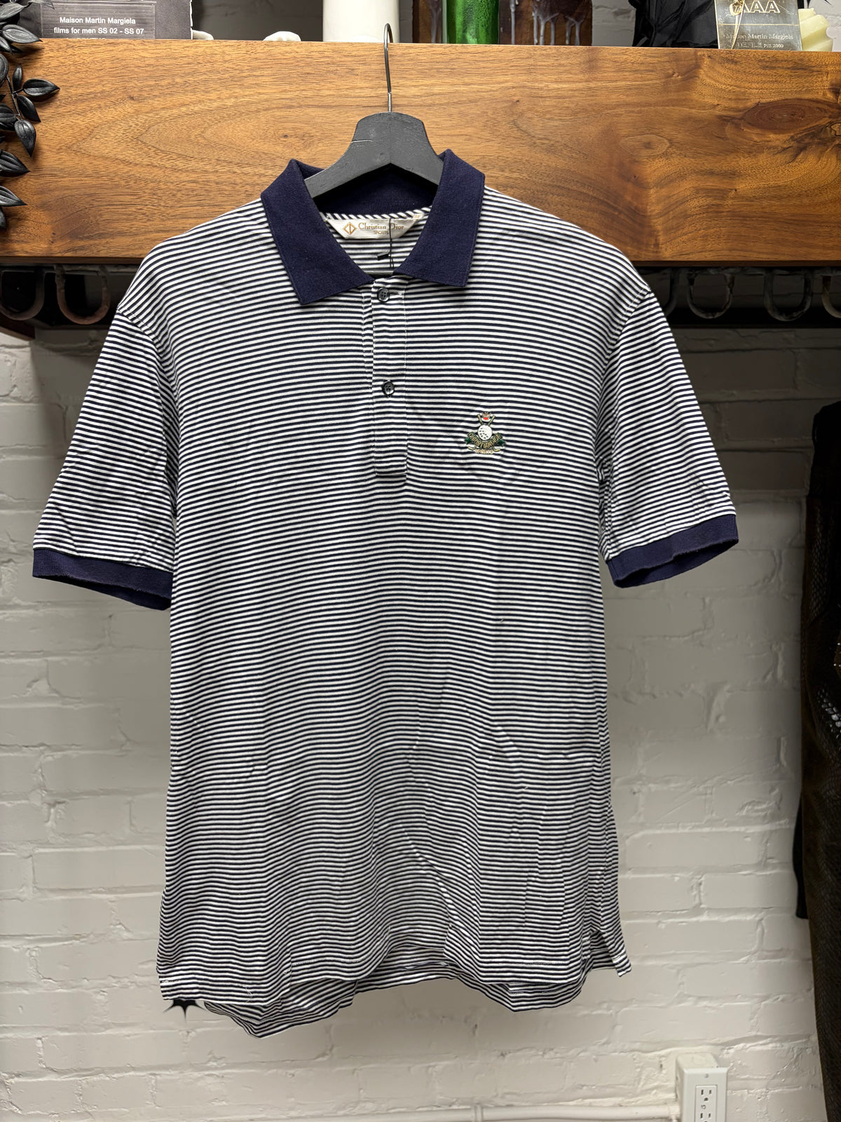 Vintage 1990s Christian Dior Striped Black/White Embroidered ‘Crest Logo’ Polo