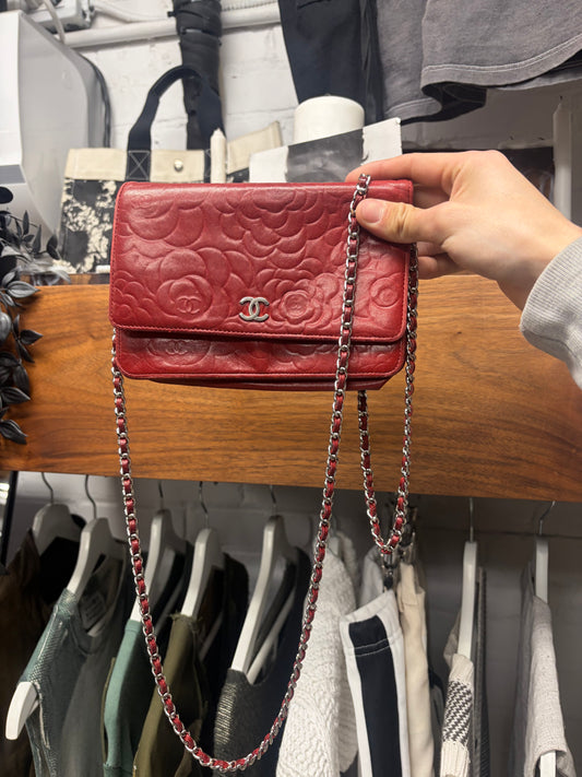 Chanel ‘Camellia’ Red Floral Embossed Leather Wallet on Chain Bag