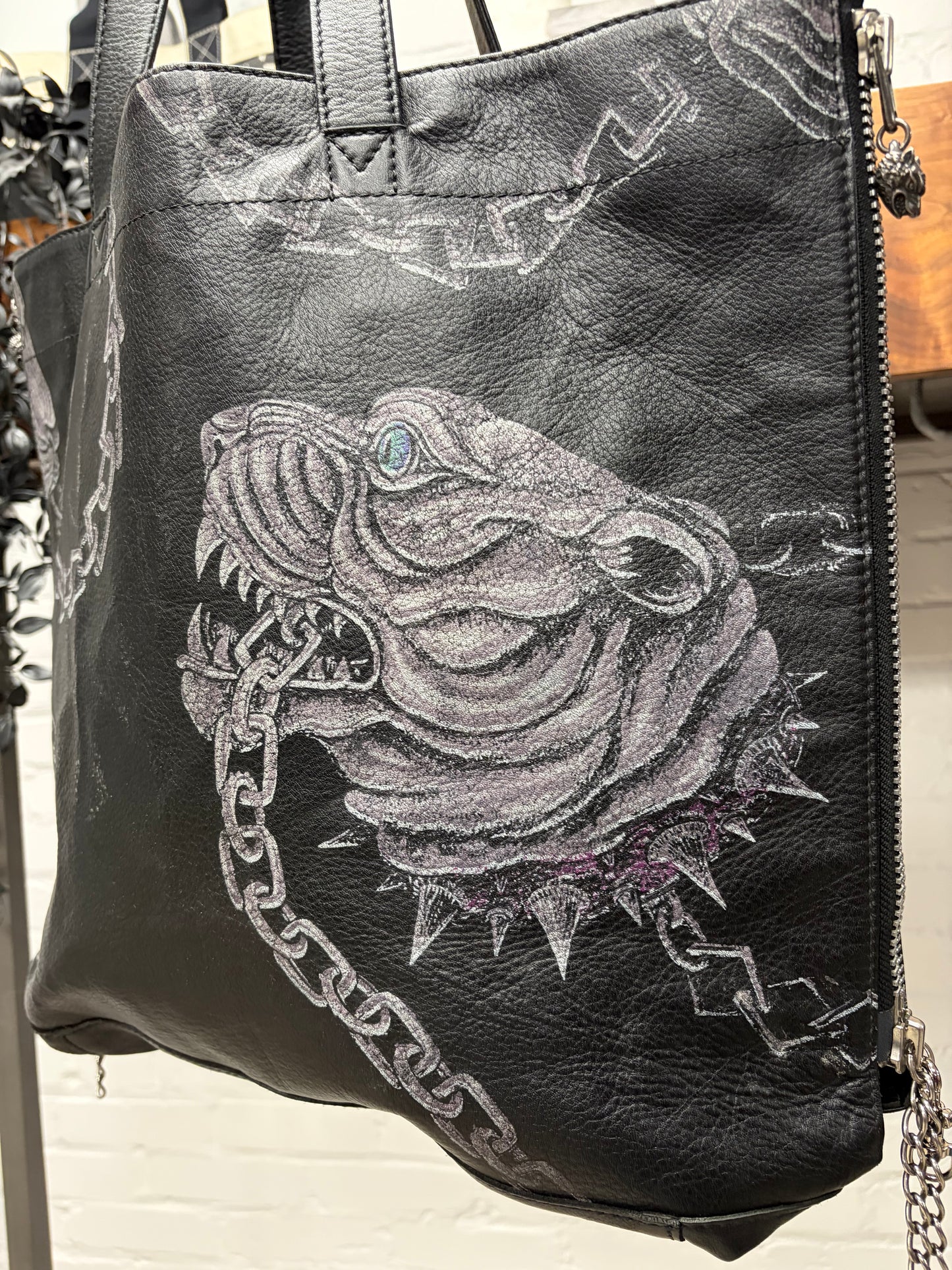 AW2014 Yohji Yamamoto Cowhide ‘Tiger & Chains’ Black Leather Tote Bag