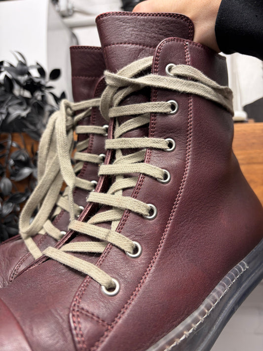 Rick Owens Oxblood Leather/Translucent Sole ‘Ramones’ High Top Sneakers