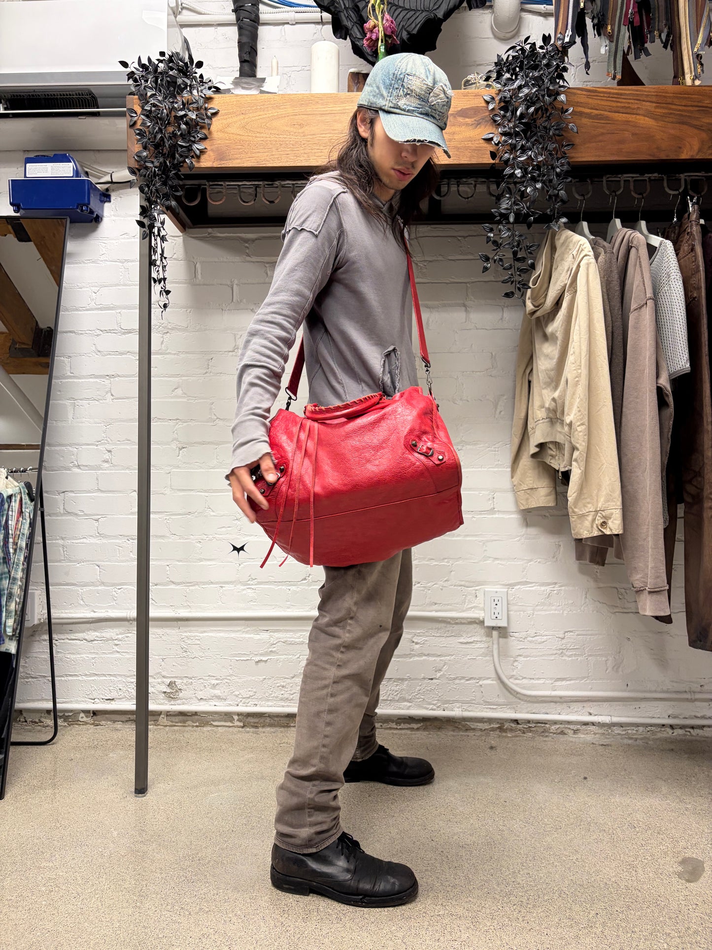Balenciaga Red Lambskin Leather ‘XL City Bag’ with Crossbody Strap