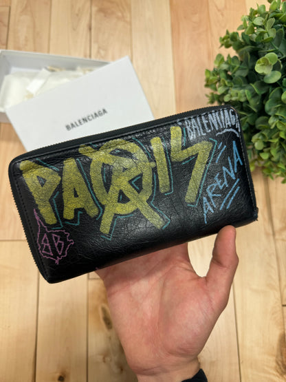 2018 Balenciaga ‘Paris’ Graffiti Logo Black Long Leather Wallet