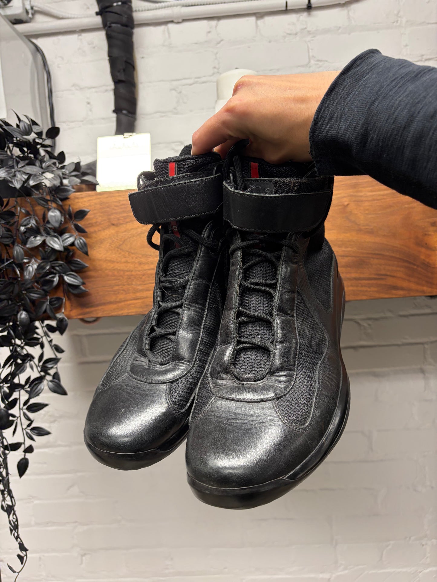 Early 2000s Prada Black Patent Leather ‘Americas Cup’ High Top Sneakers