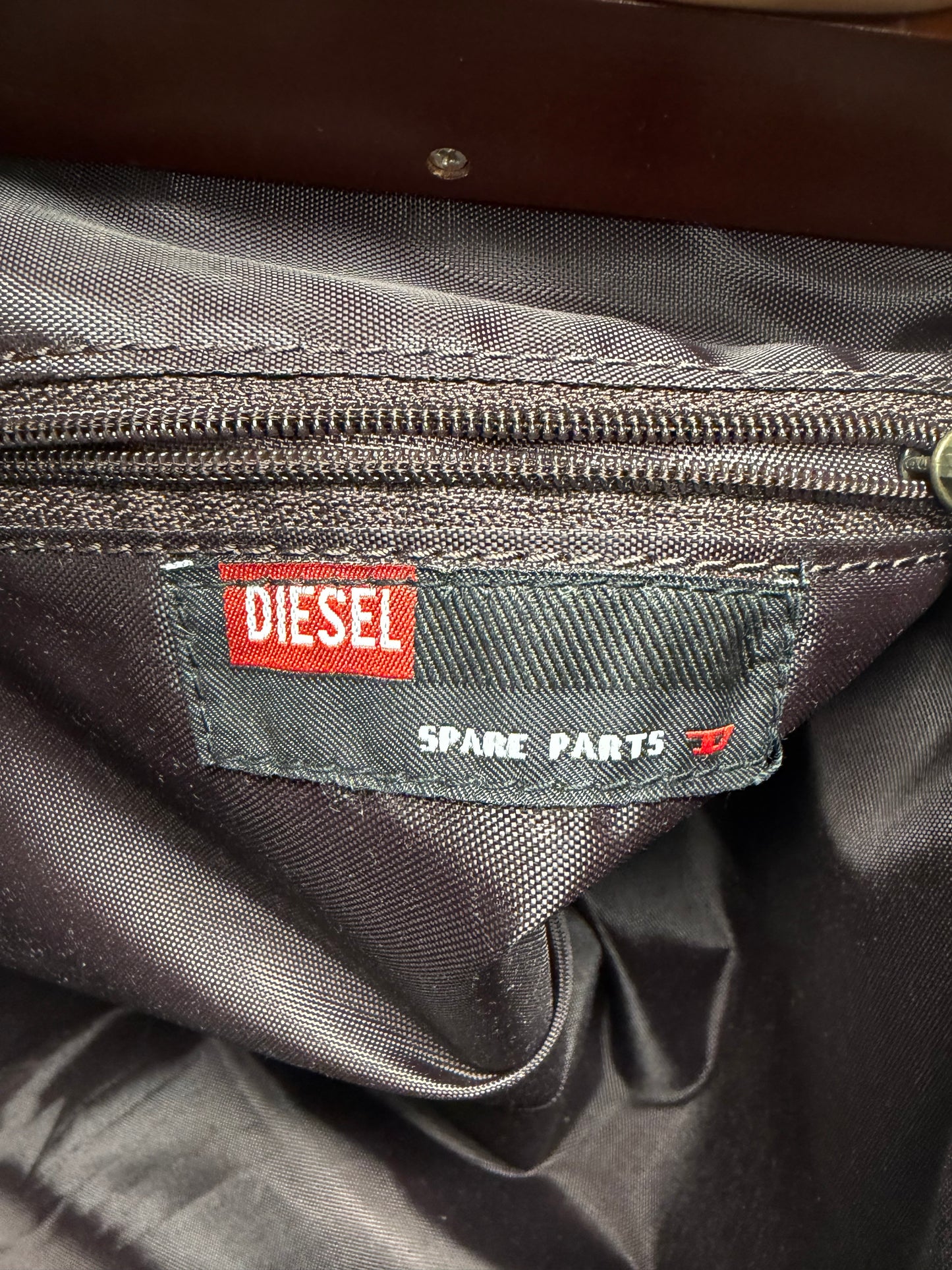 2000s Diesel Square Fold ‘Small Parts’ Corduroy Wood Top Handle Clutch