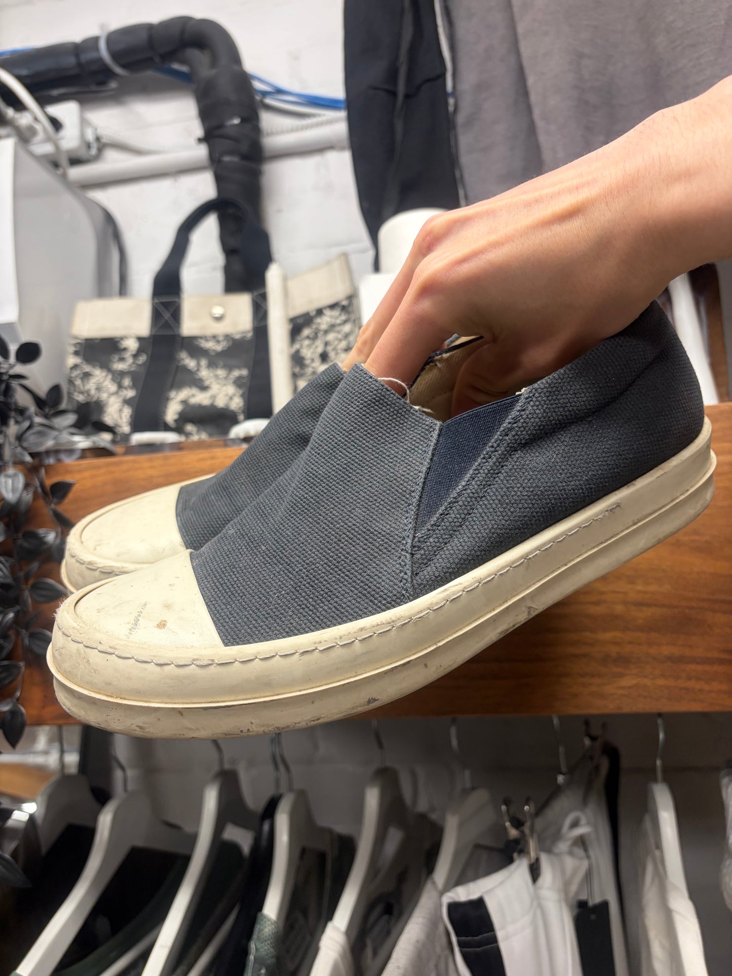 Rick Owens Black Canvas Slip-On Black/Milk Low Top Sneakers