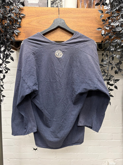 Kapital Plunged Neckline Purple Sun Faded Baseball Sleeve Shirt