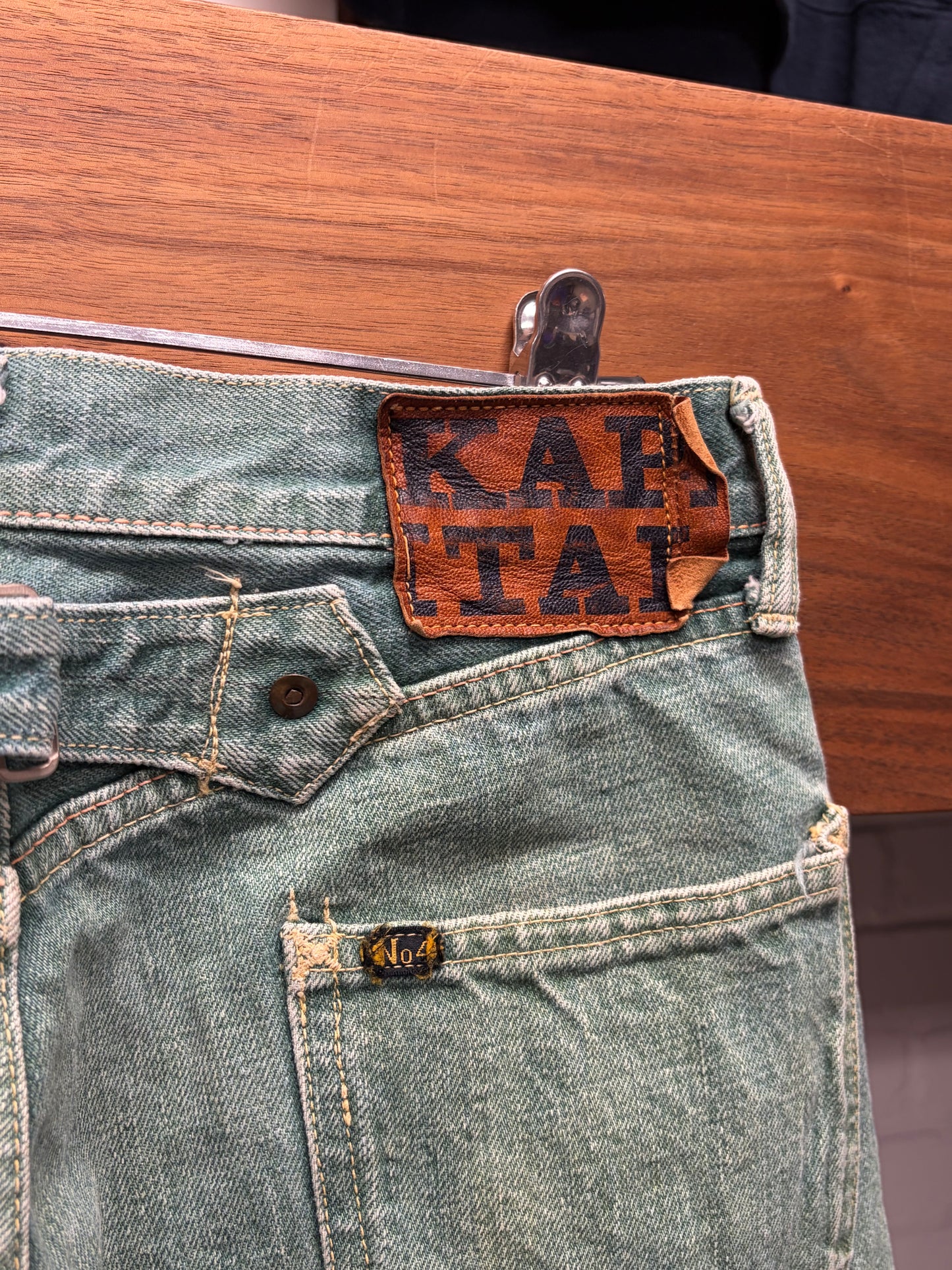 Kapital ‘Seafoam Green’ Buckle-Back Raw Bootcut Denim