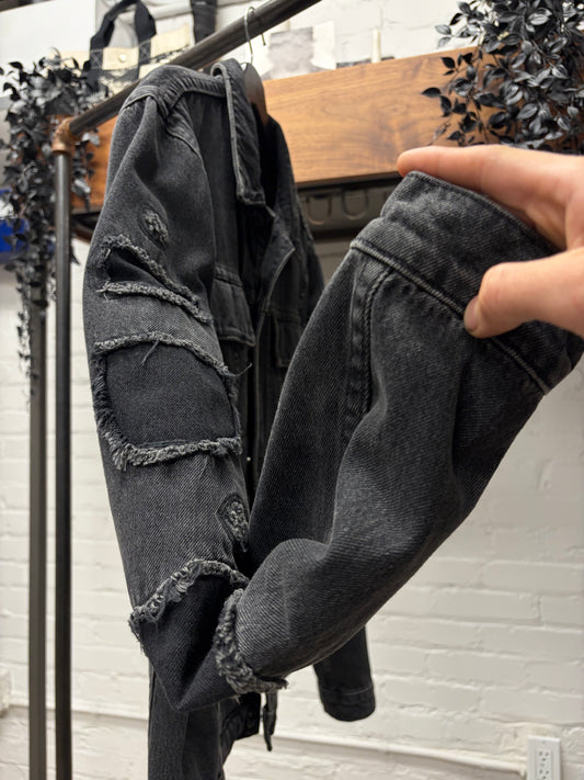 Helmut Lang Patch Repaired Black Distressed Denim Trucker Jacket