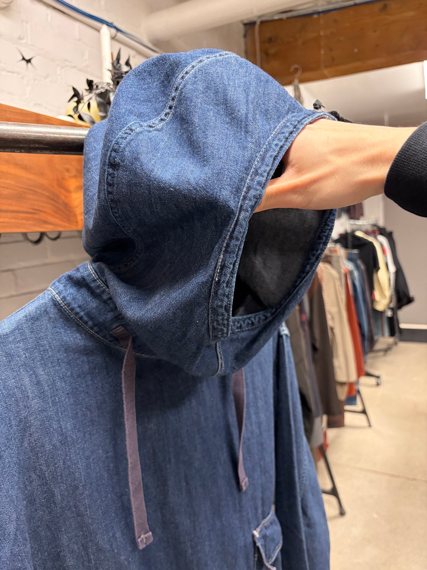 Kapital Hooded Denim Drawstring Closure Military Field Jacket