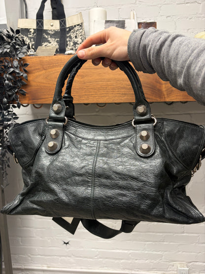 Balenciaga Black Leather ‘Giant City Bag’ with Silver Hardware and Crossbody Strap