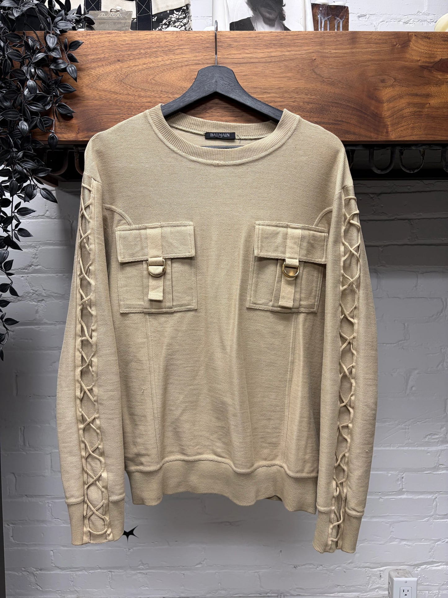 Balmain ‘Harness Lace’ Military Inspired Tan Brown Sweatshirt