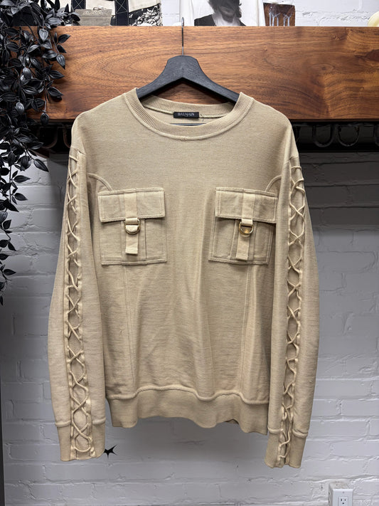Balmain ‘Harness Lace’ Military Inspired Tan Brown Sweatshirt
