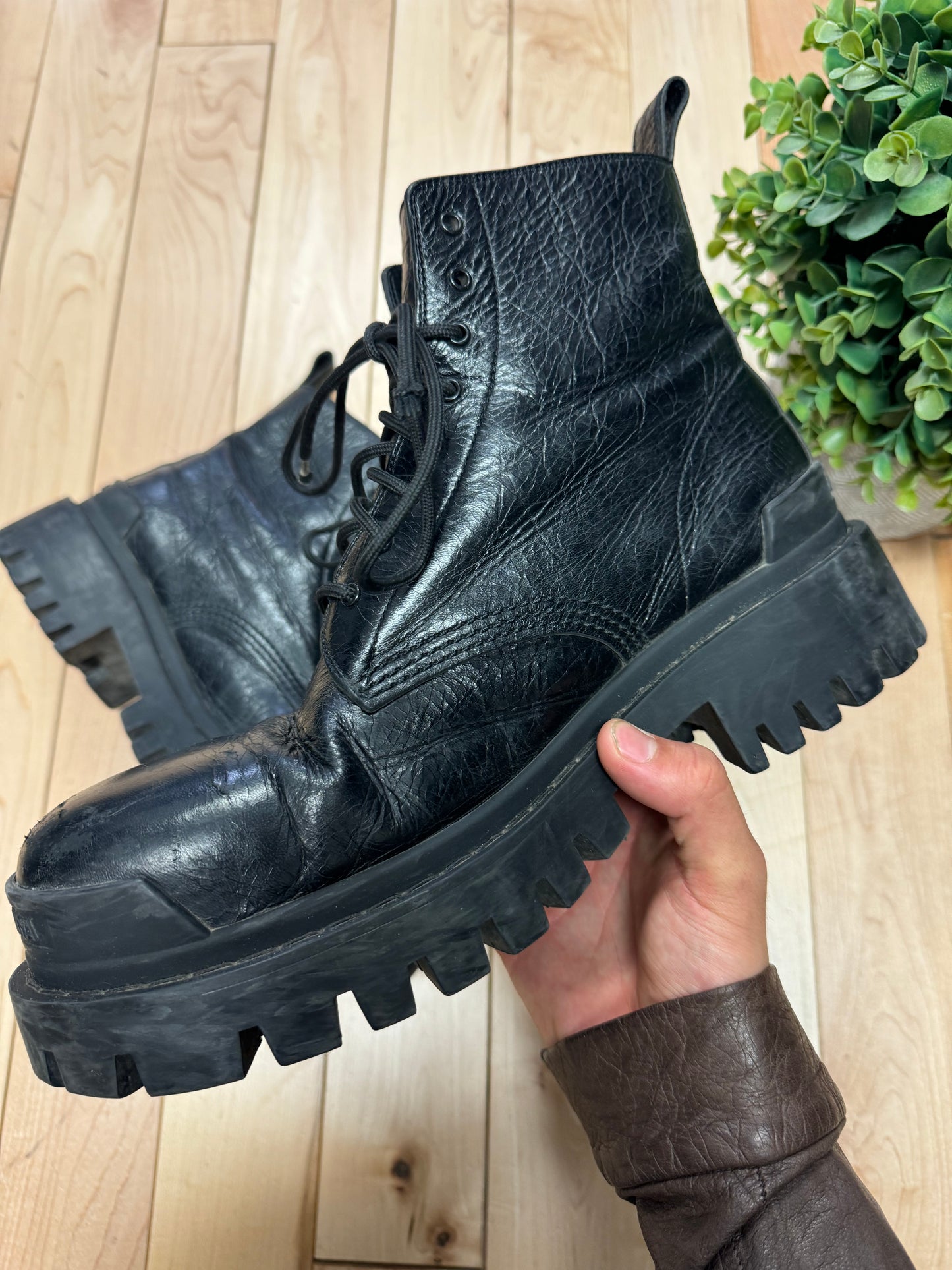 Balenciaga ‘Strike’ Black Leather Lace-Up Combat Boots