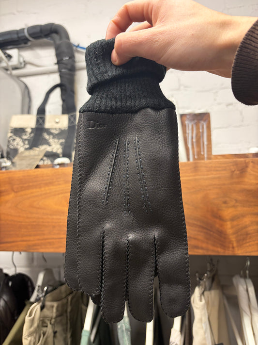 Dior Homme Black ‘Baseball Stitch’ Black Calfskin Leather Gloves with Wool Ribbing