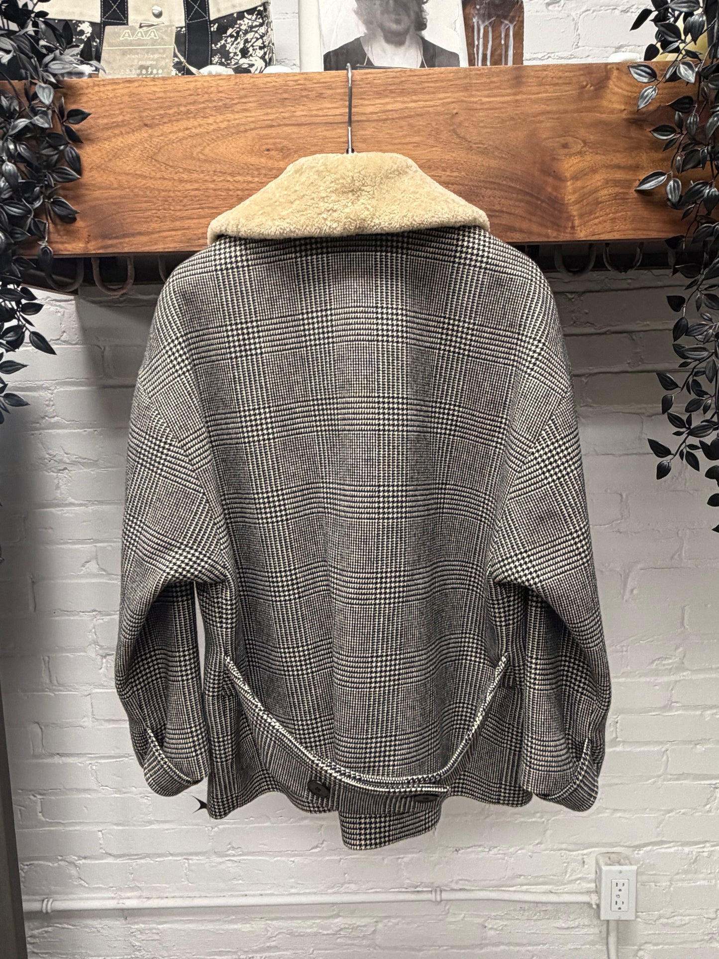 AW2019 Saint Laurent Houndstooth Cropped Coat with Shearling Trim Collar