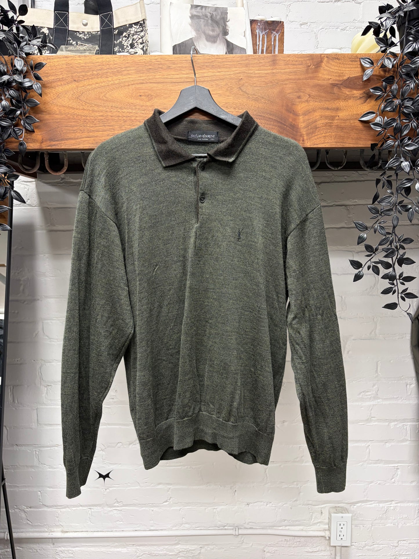 Vintage Yves Saint Laurent Embroidered Logo Long Sleeve Knit Polo