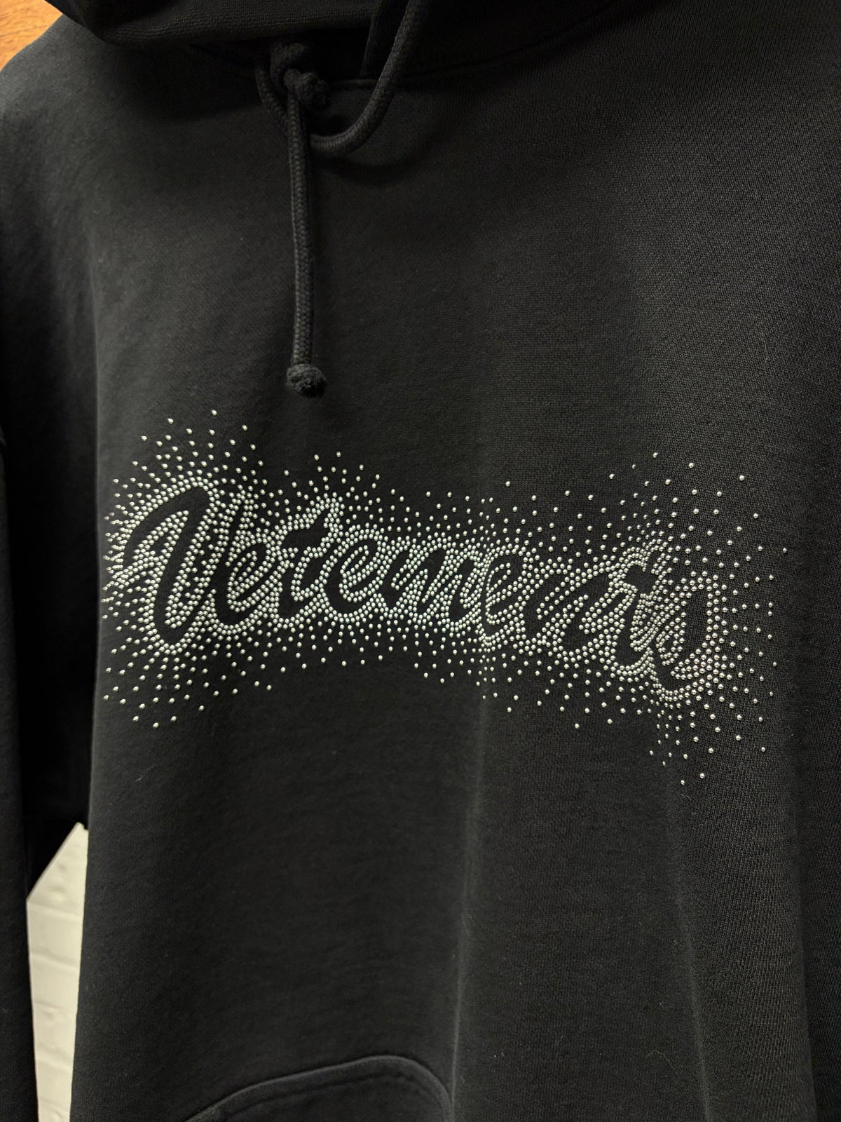 SS2020 Vetements ‘Rhinestone’ Cursive Black Logo Hoodie