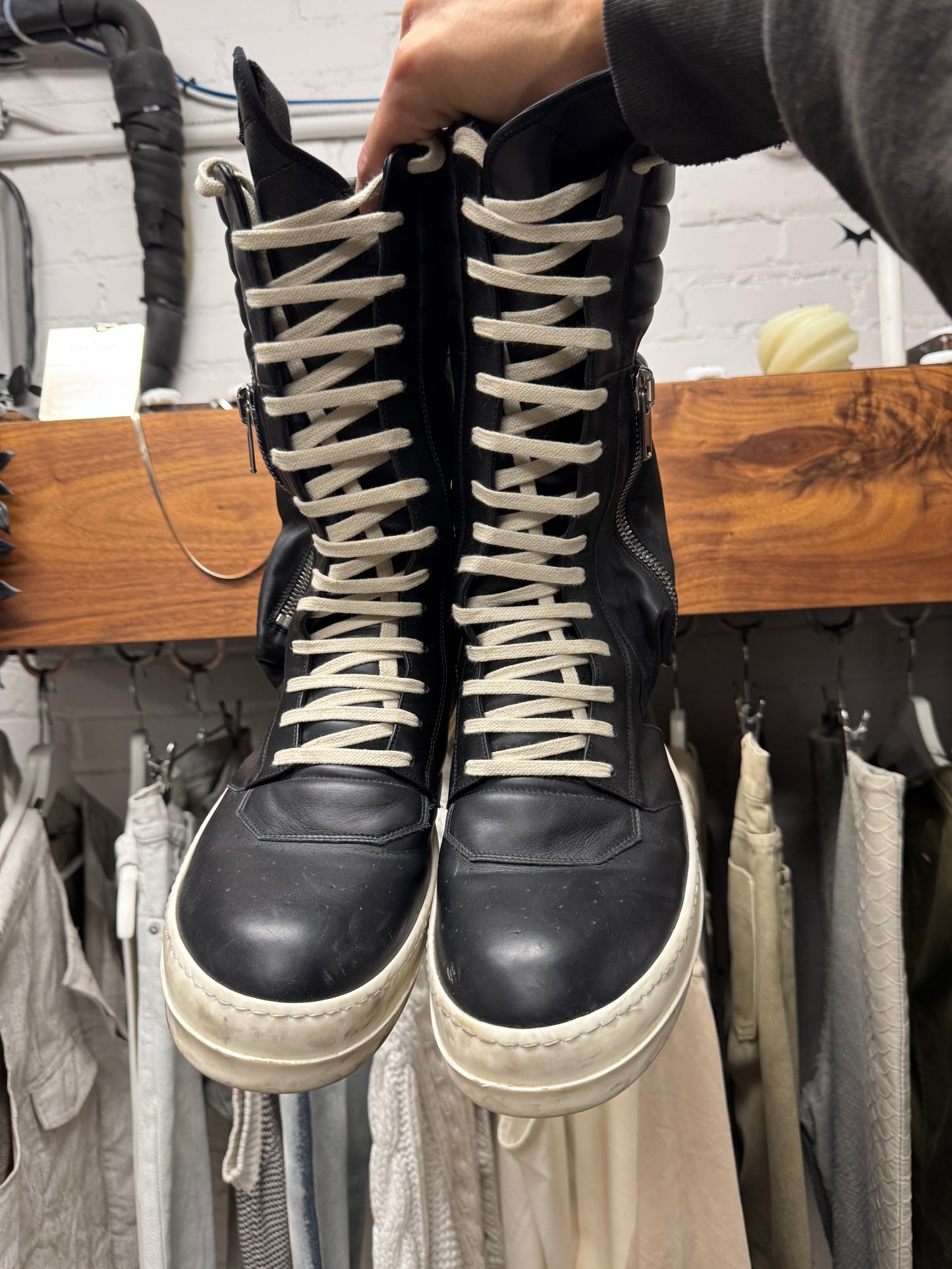 Rick Owens ‘Cargobasket’ Black/Milk Leather High Top Sneakers