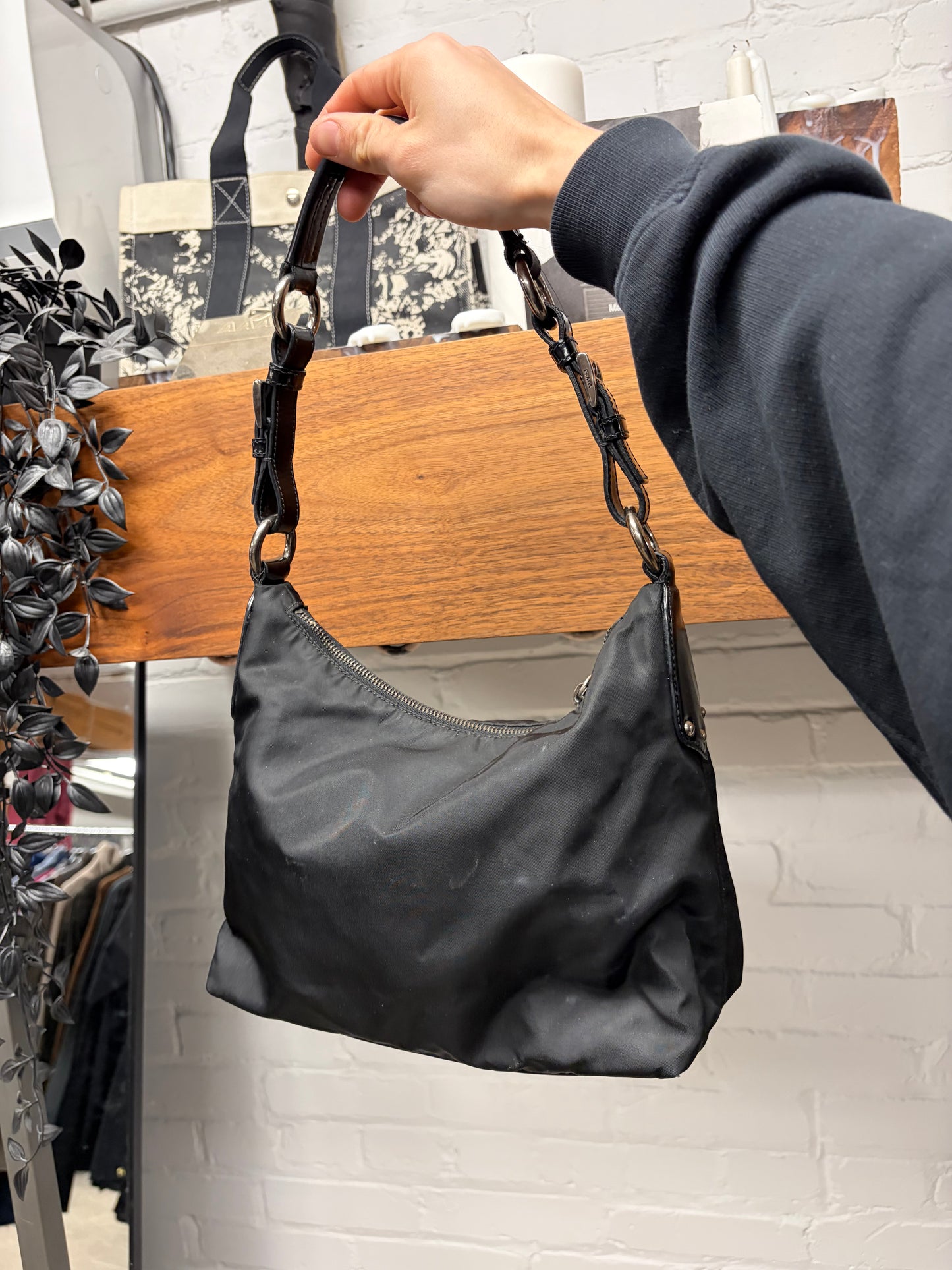 Prada Black Nylon Vela ‘Grommet Detail’ Hobo Shoulder Bag