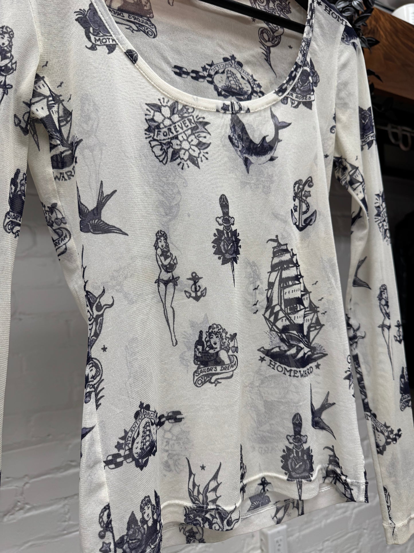 Vintage Jean Paul Gaultier American Traditional ‘Tattoo’ Mesh Long Sleeve Shirt