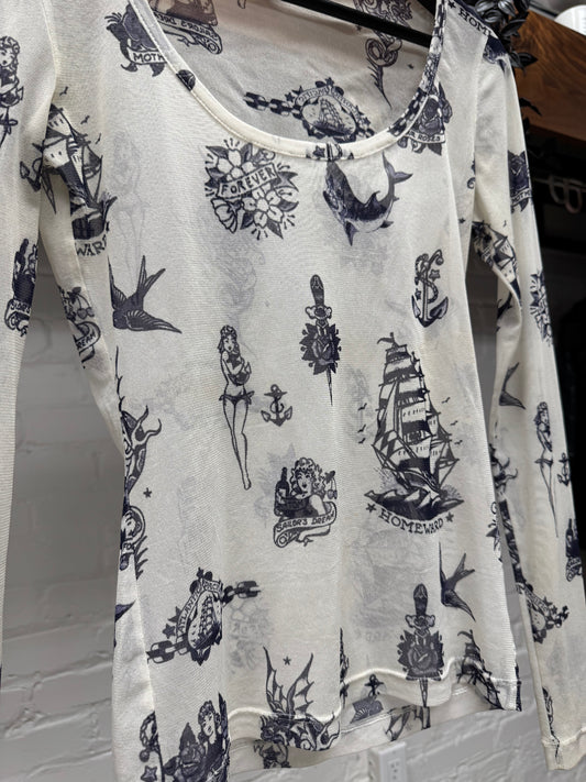 Vintage Jean Paul Gaultier American Traditional ‘Tattoo’ Mesh Long Sleeve Shirt