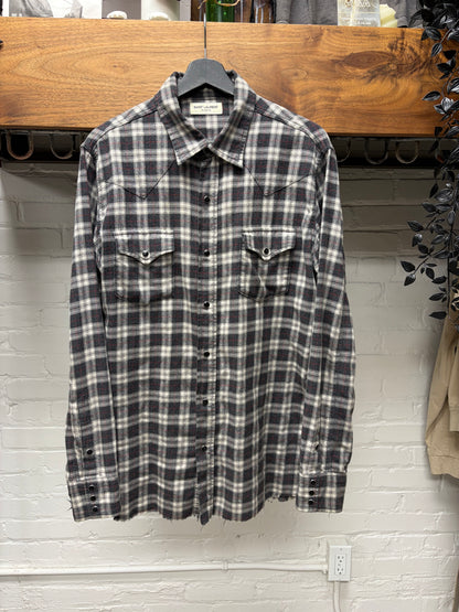 2017 Saint Laurent Pearl Button Snap Grey Plaid Flannel Shirt