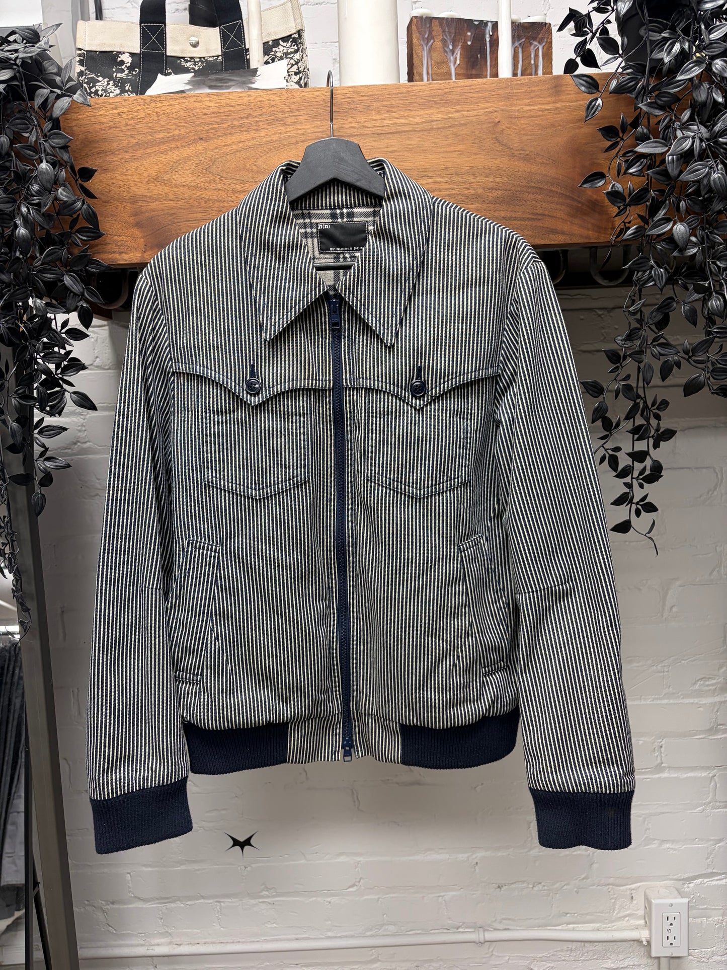 Number (N)ine Hickory Stripe Blue/White Zip-Up Denim Work Jacket