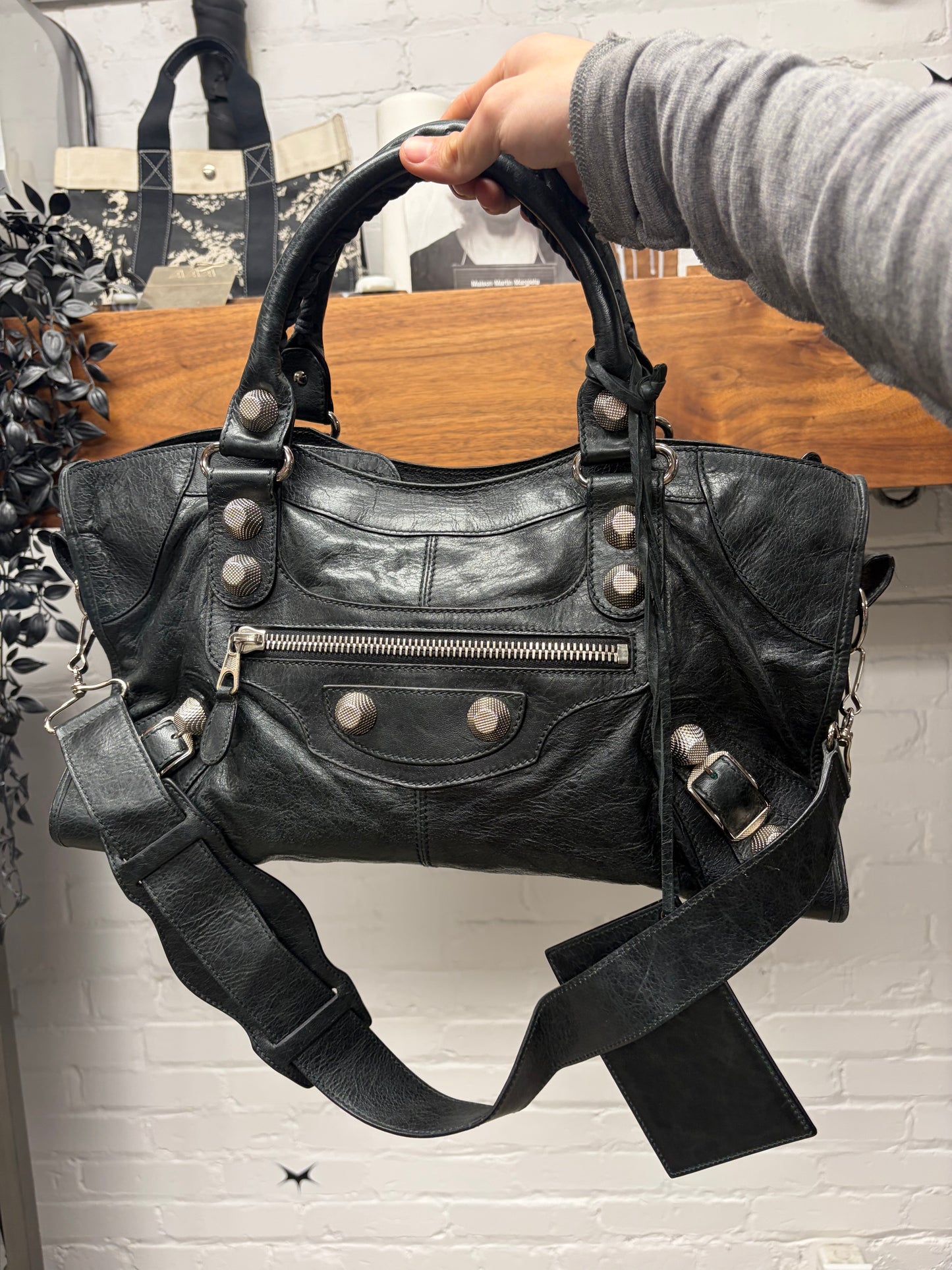 Balenciaga Black Leather ‘Giant City Bag’ with Silver Hardware and Crossbody Strap